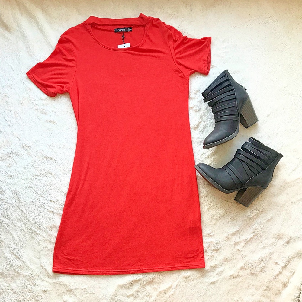 NWT BooHoo Lindsay Strap Detail Casual Dress-Red